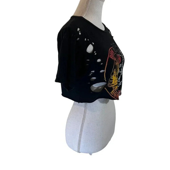 Windsor Crop Top Rock And Roll Distressed Holes Motorcycle Graphic Edgy Black - Picture 2 of 8